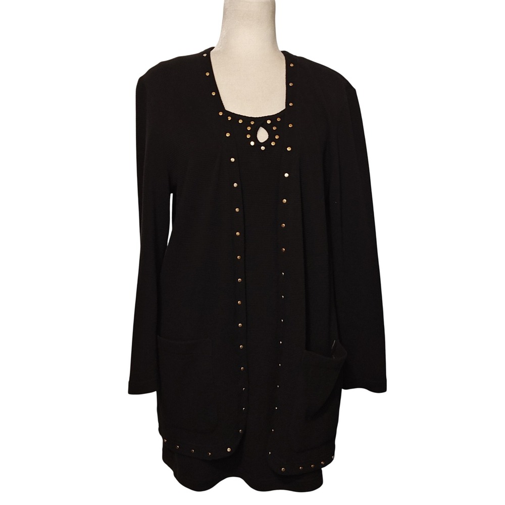 Cache 2 Piece Dress Set Women Sm Black Gold Studded Cardigan‎ Thermal Sheath VTG